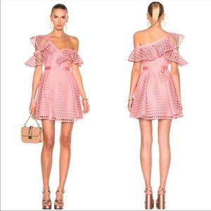 Self portrait pink frill mini dress 8 asymmetric lace buttons pockets Guipure
